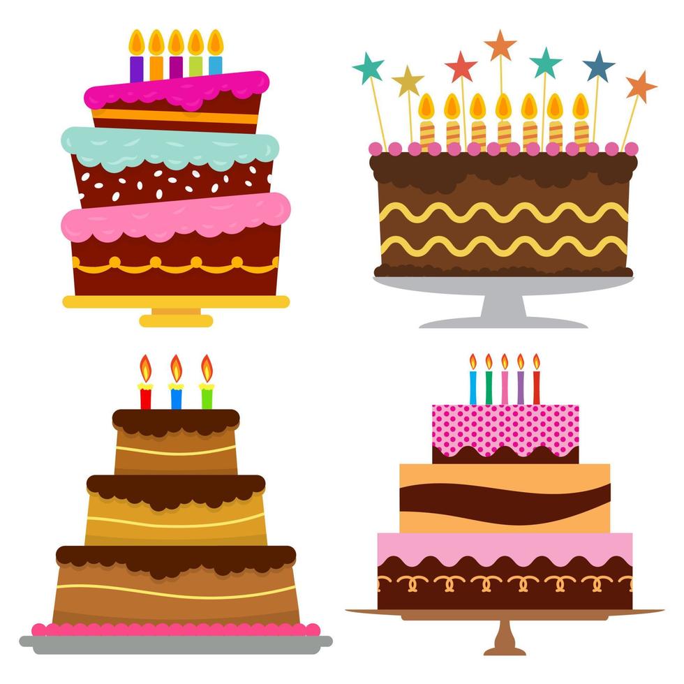 ensemble de quatre sucré anniversaire gâteau avec brûlant bougies. coloré vacances dessert. vecteur fête Contexte.
