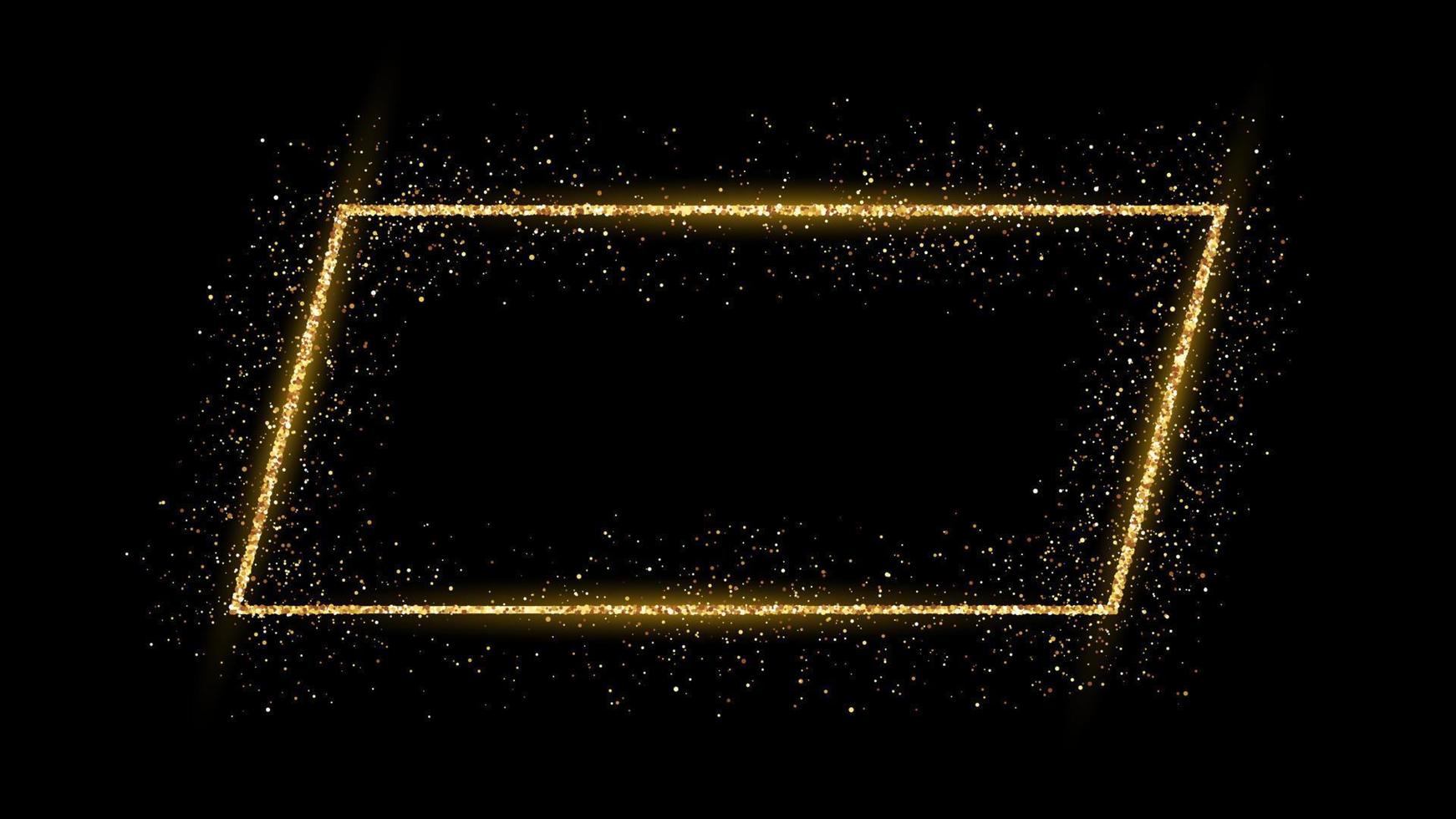 cadre doré avec des paillettes, des étincelles et des fusées éclairantes sur fond sombre. toile de fond de luxe vide. illustration vectorielle. vecteur