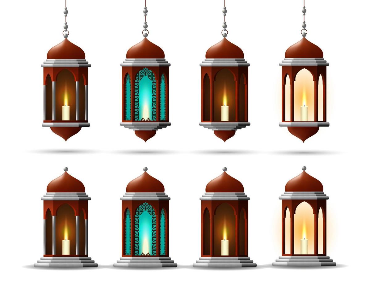 lanterne vecteur ensemble. éléments pour islamique vacances. collection de or et argent réaliste 3d lampe illustrations.