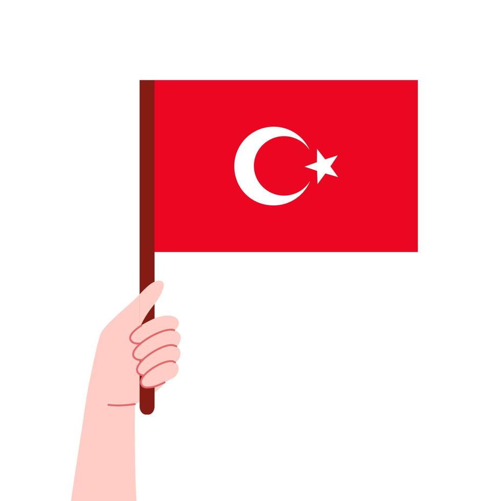 prier pour Turquie. dinde est en dessous de tremblement de terre. main détient une drapeau Turquie. vecteur dessin animé illustration.