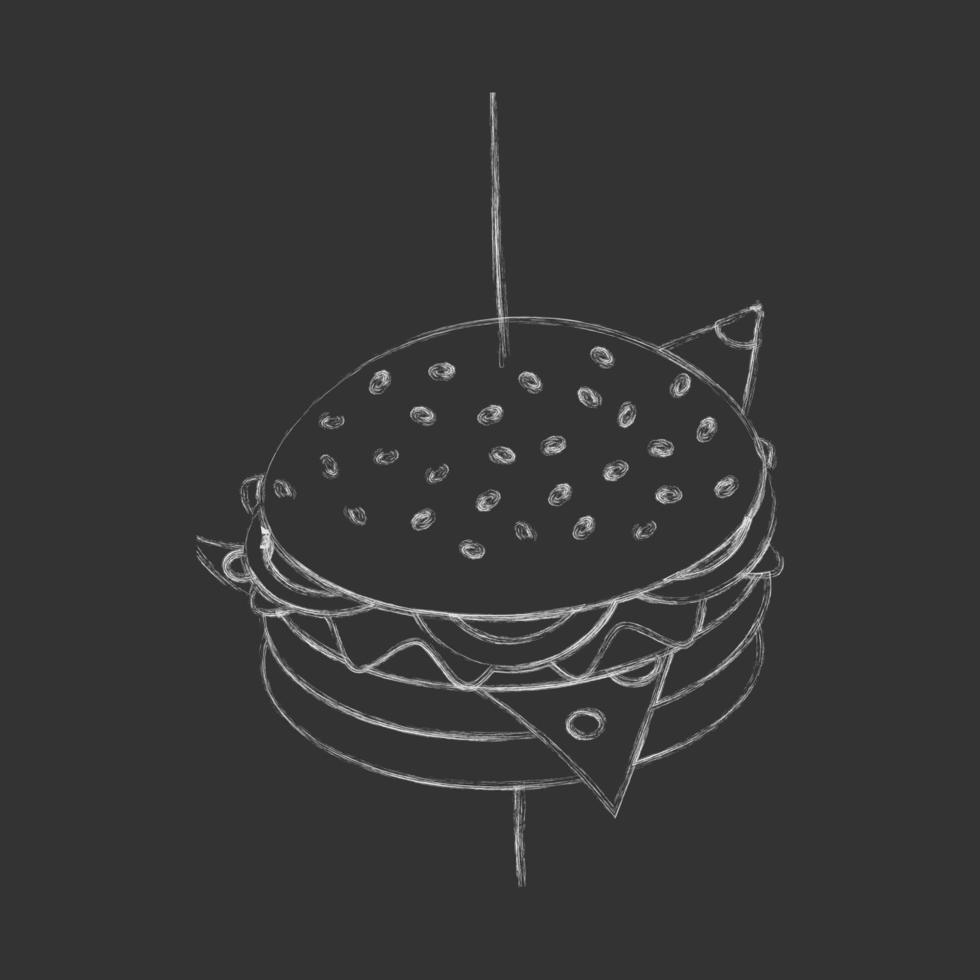 contour image de une Hamburger sur une brochette tiré dans craie. vite aliments. content Hamburger journée. vecteur