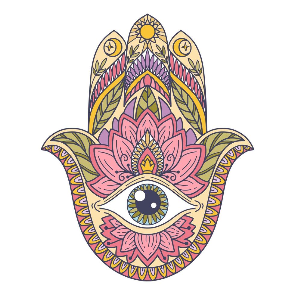 fatima main coloré Indien symbole. khamsa, sacré est signe, bien la chance charme. Hamsa avec tout voyant œil. vecteur