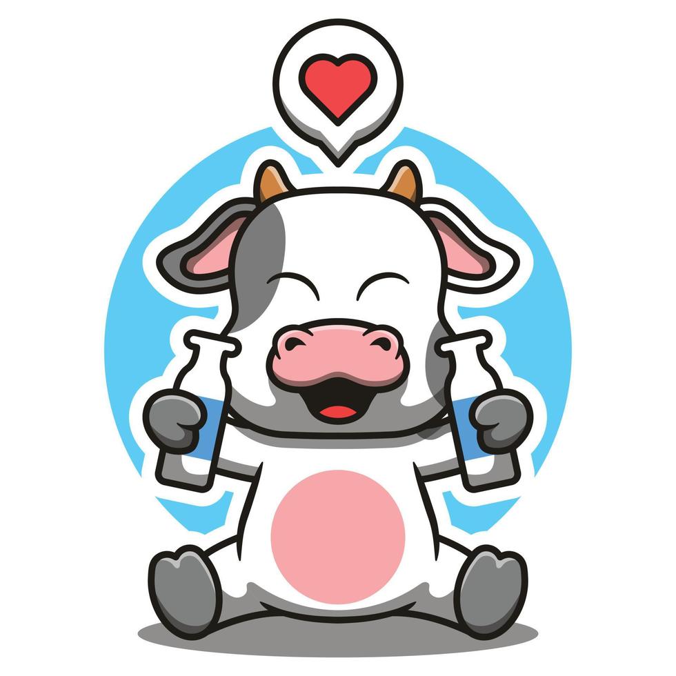 mignonne vache mascotte en portant Lait avec content visage dessin animé vecteur illustration.