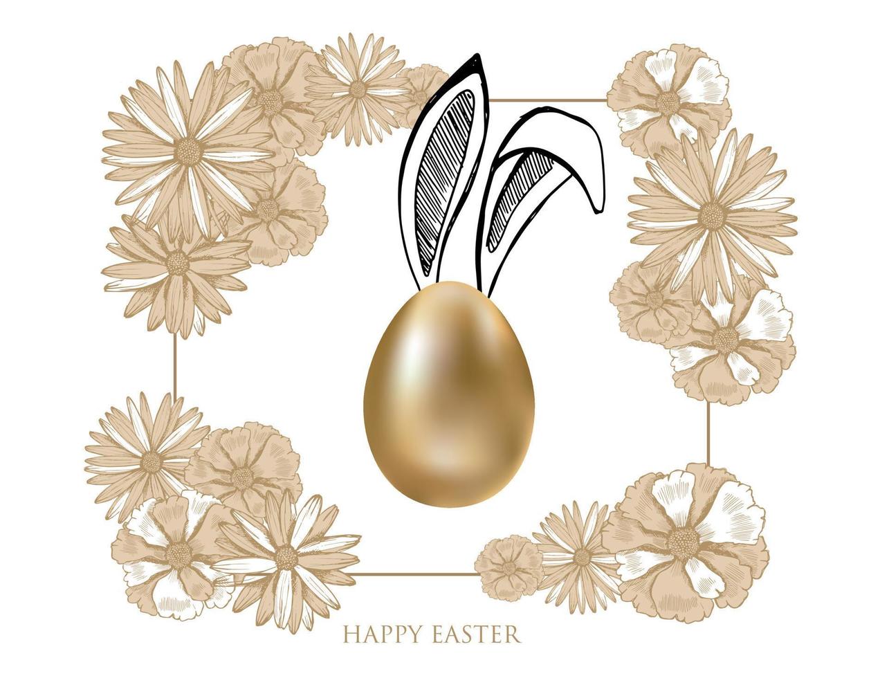 joyeuses Pâques. ensemble d'oreilles de lapins. oeufs d'or. illustration dessinée à la main. vecteur
