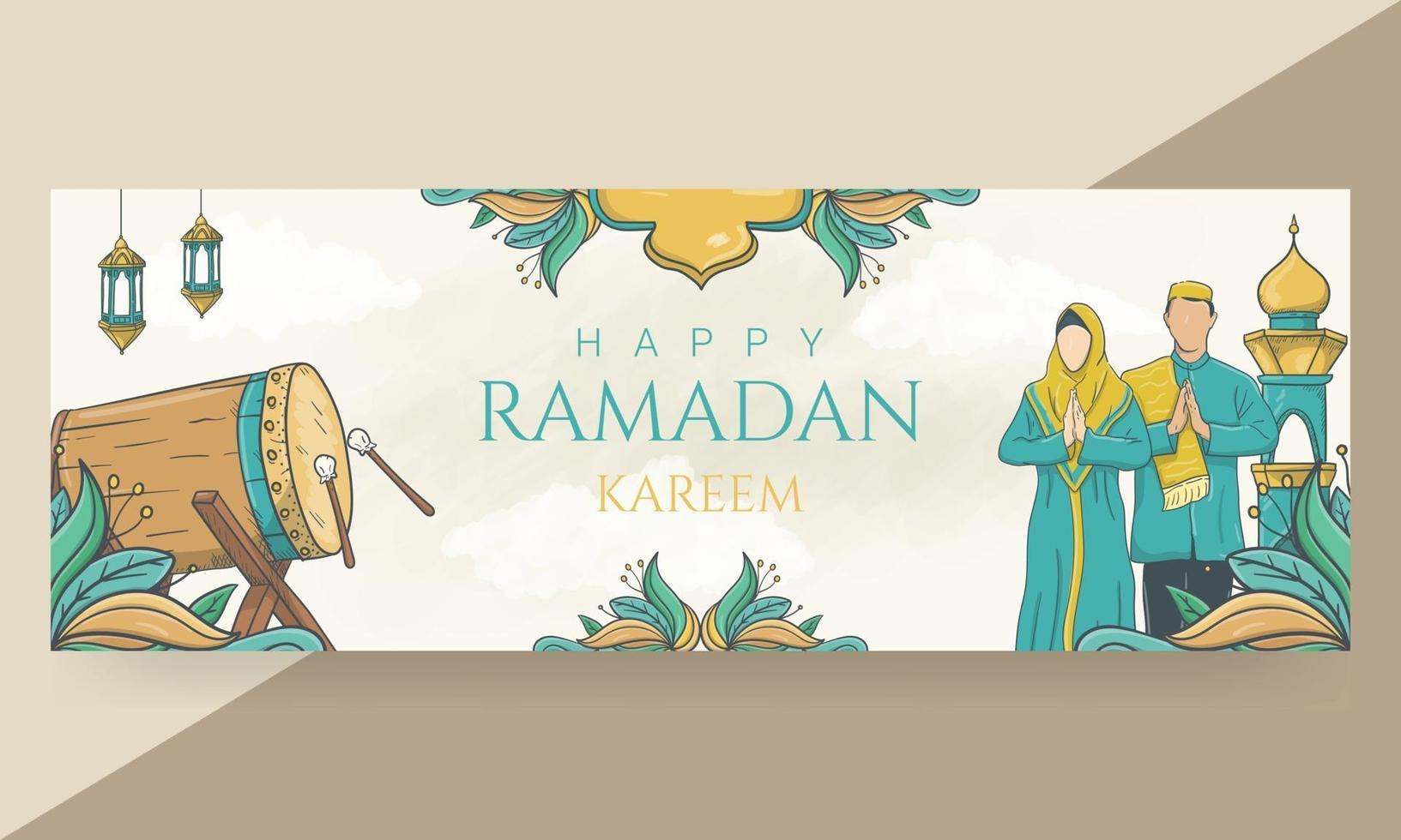 bannière de ramadan kareem heureux dessiné à la main vecteur