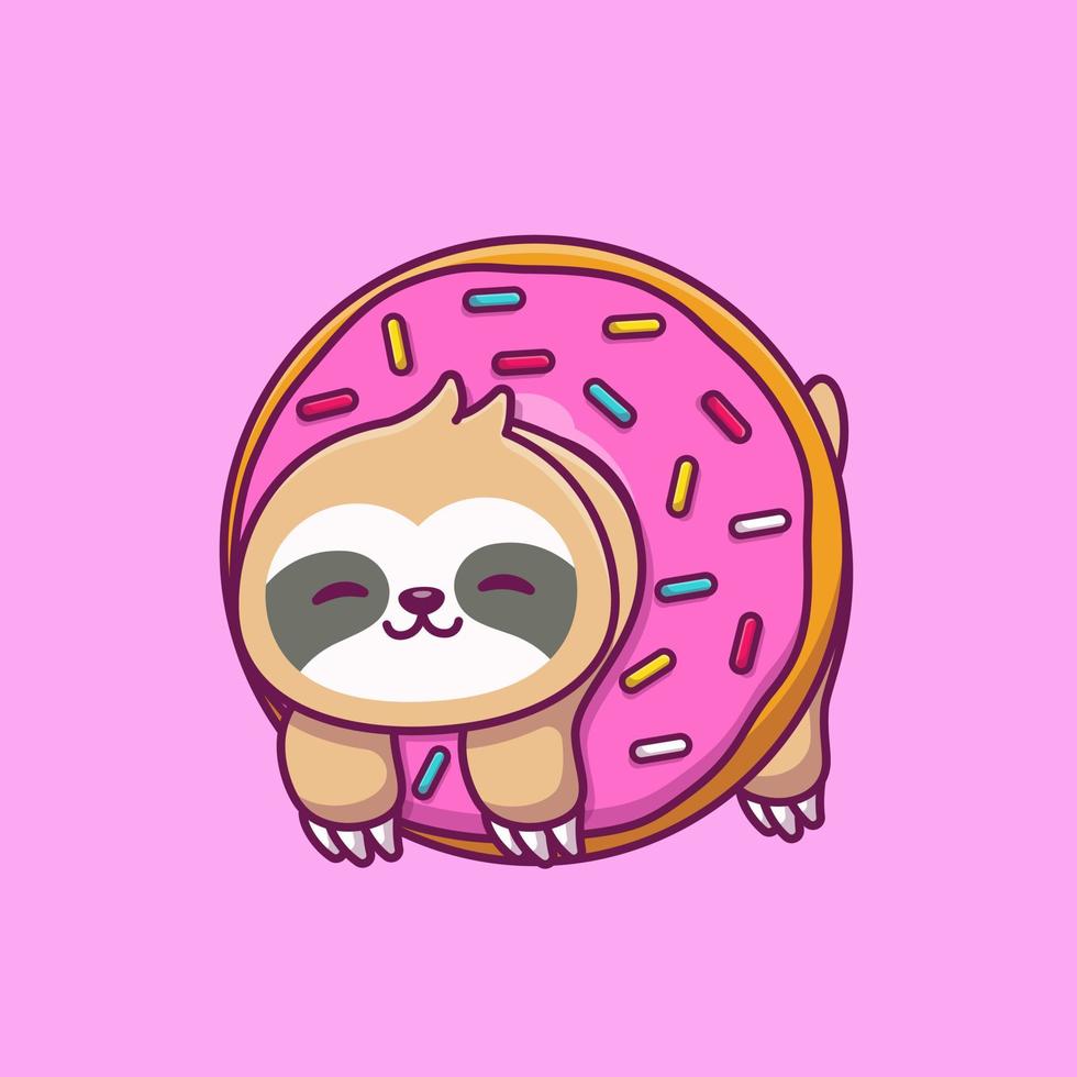 mignonne la paresse avec Donut dessin animé vecteur icône illustration. animal nourriture et boisson icône concept isolé prime vecteur. plat dessin animé style