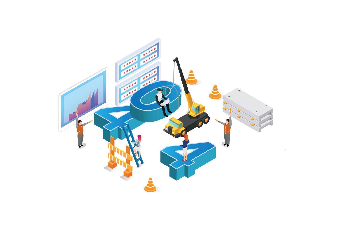 moderne isométrique site Internet en dessous de construction avec 404 erreur. pouvez utilisation pour la toile bannière, infographies, héros images. plat isométrique vecteur illustration isolé sur blanc Contexte.