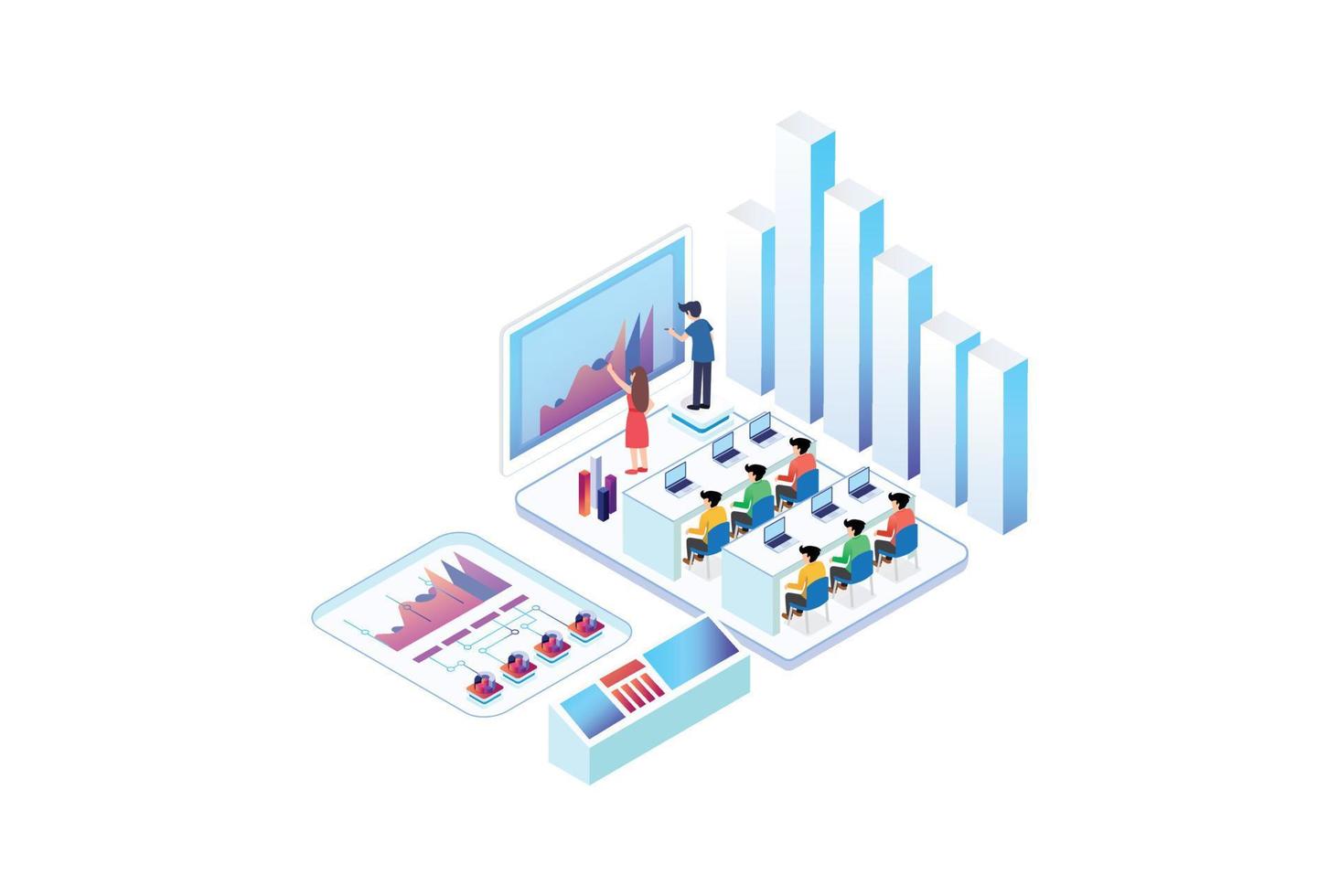 isométrique expert équipe pour Les données analyse, affaires statistique, gestion, consultant, commercialisation. atterrissage page modèle concept. adapté pour schémas, infographies, et autre atout vecteur