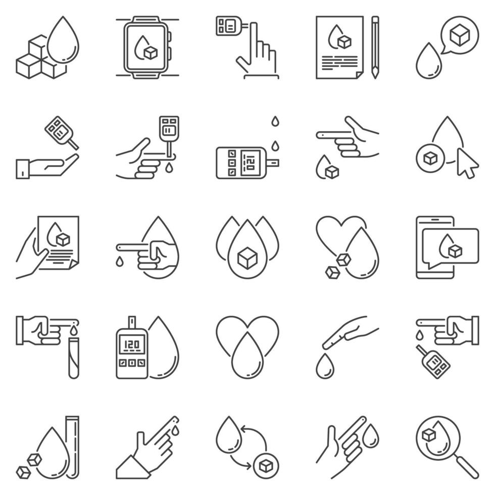 glycémie contour Icônes ensemble - glucose ou sucre dans du sang vecteur symboles