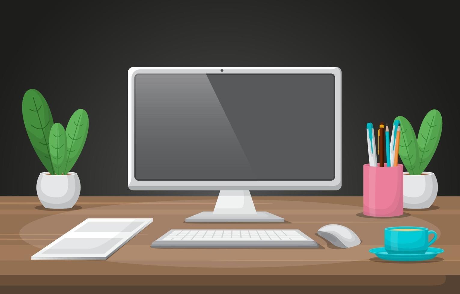 ordinateur et café sur illustration de table de bureau vecteur