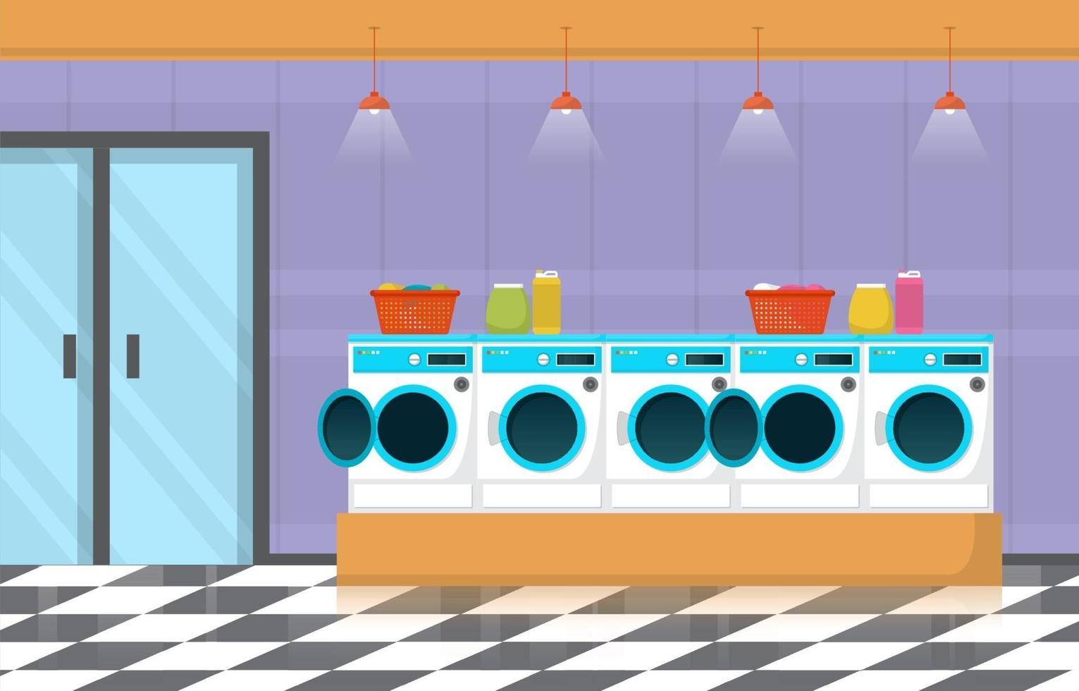 laverie avec machines à laver et paniers vecteur