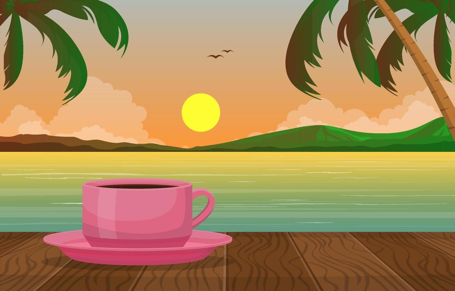une tasse de thé par illustration vue coucher de soleil plage tropicale vecteur