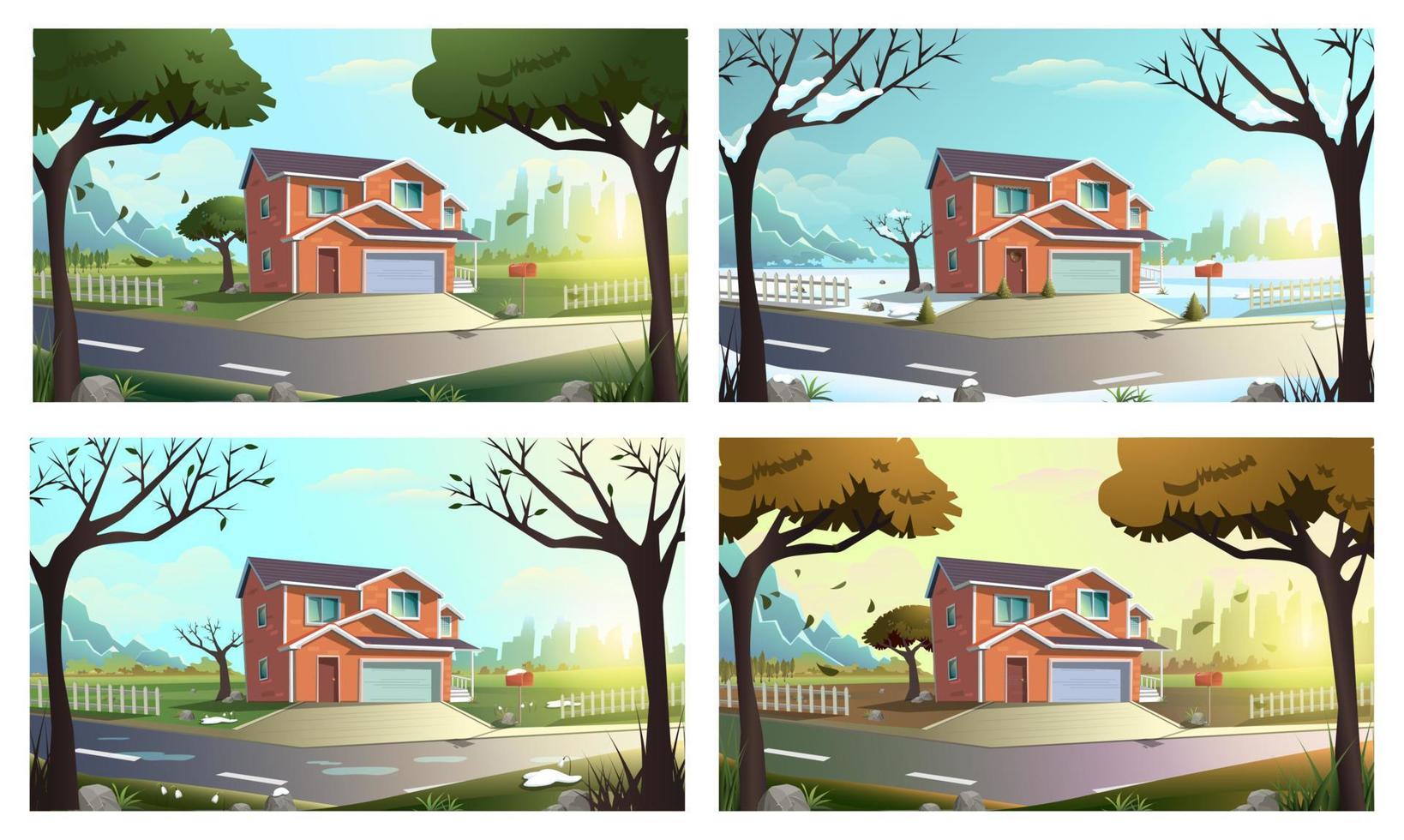 dessin animé vecteur illustration moderne chalet maison parmi des arbres dans le vert campagne champ à l'extérieur de le ville. dans quatre saisons, l'hiver, printemps, été et l'automne.