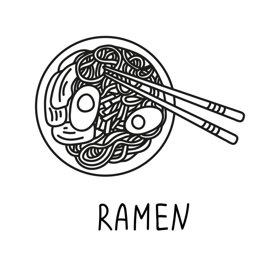 ramen soupe dans main tiré griffonnage style. asiatique nourriture pour Restaurants menu vecteur