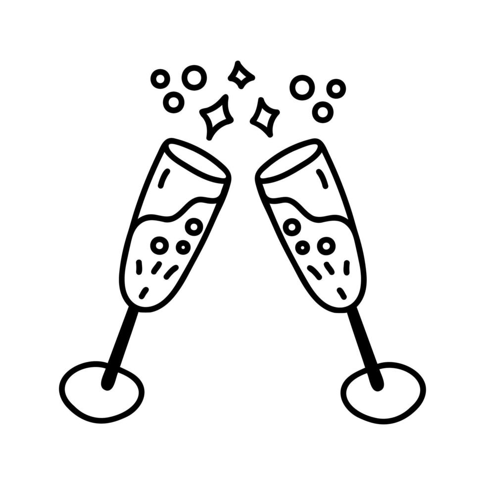 main tiré fête des lunettes de Champagne avec éclaboussures et étincelles. griffonnage vecteur illustration