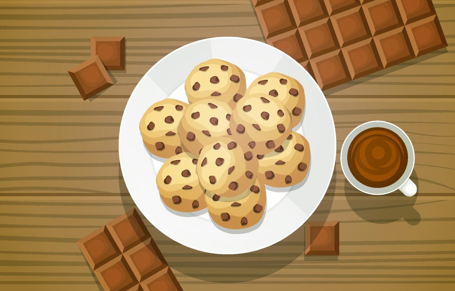 Cookies aux pépites de chocolat sur plaque avec des carrés de chocolat sur table en bois vecteur