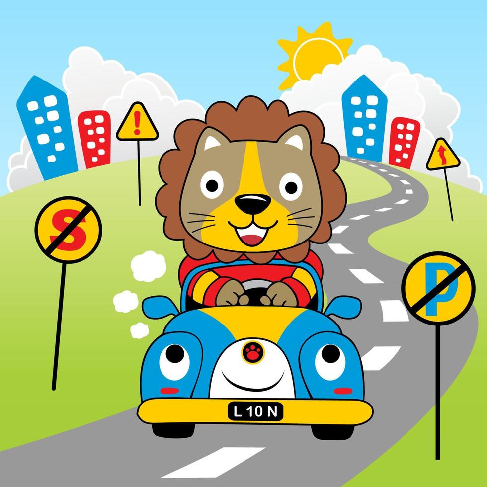 mignonne Lion conduite voiture dans ville route, vecteur dessin animé illustration