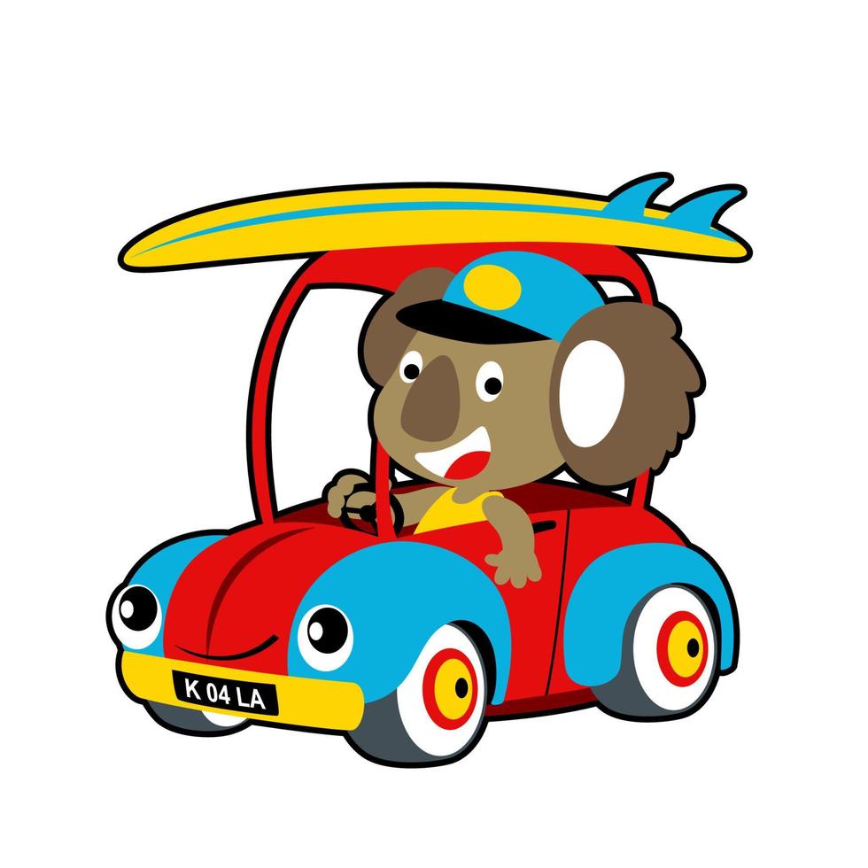 marrant koala sur voiture porter planche de surf, vecteur dessin animé illustration