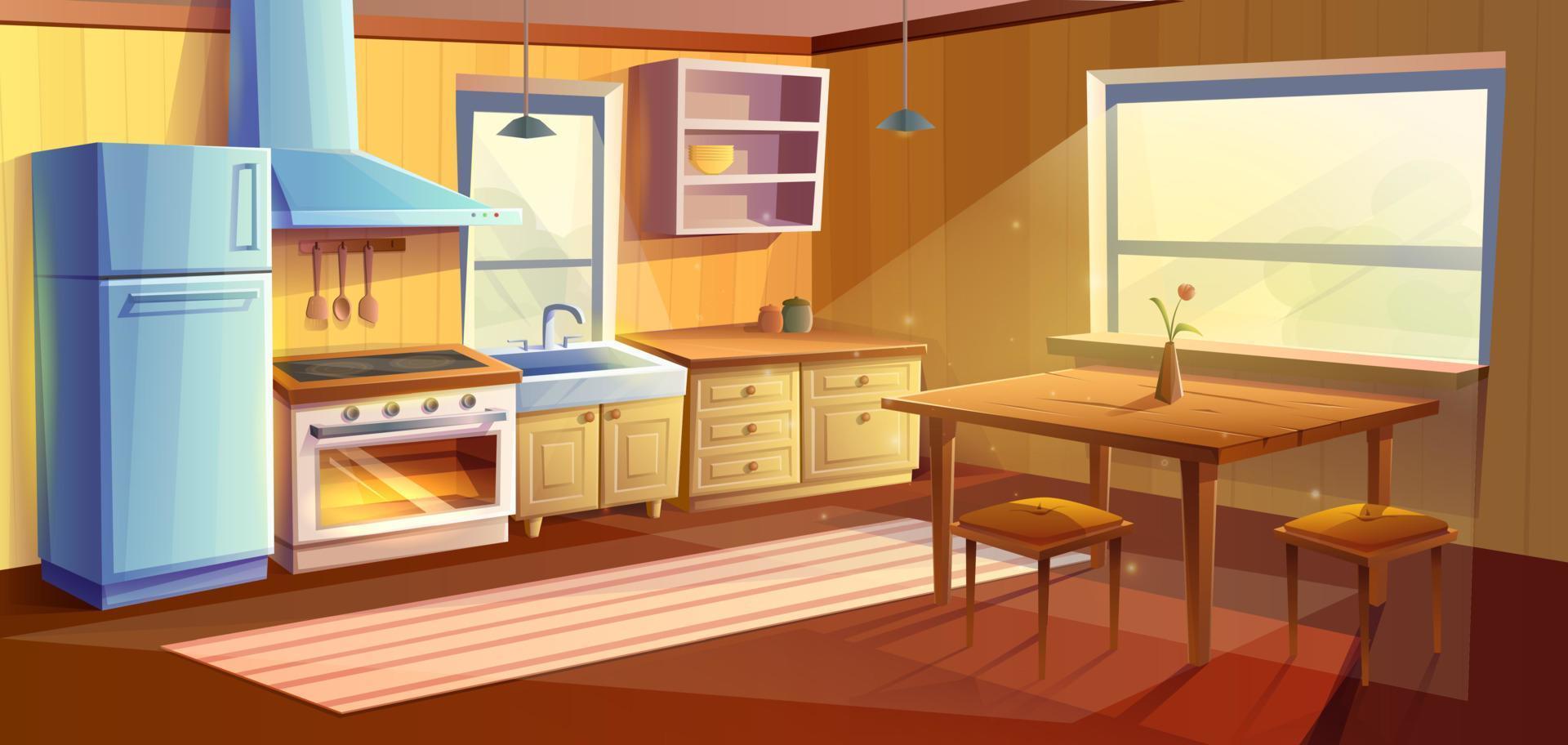 vecteur dessin animé style illustration de cuisine chambre. à manger pièce avec à manger en bois tableau. réfrigérateur, four avec une le fourneau et plaque, couler, armoires et extracteur capot.