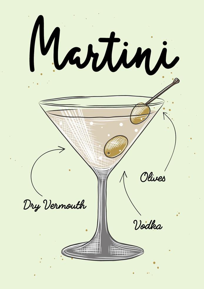 illustration de cocktail martini de style gravé vectoriel pour affiches, décoration, logo, menu et impression. croquis dessiné à la main avec lettrage et recette, ingrédients de la boisson. dessin coloré détaillé.