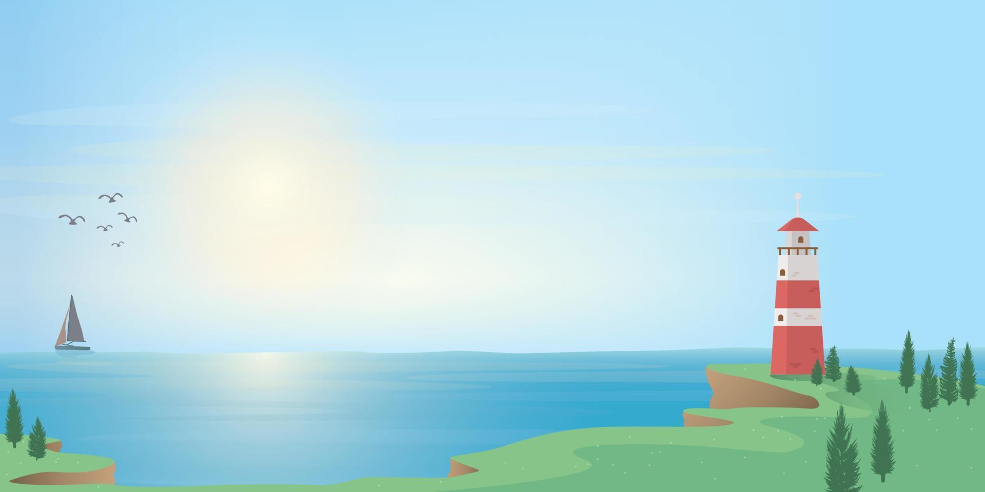 phare sur rivage plat conception illustration avec yacht à ligne d'horizon. île phare, lumière loger, paysage marin, signal bâtiment sur bord de mer avoir voilier dans le mer. littoral paysage avec balise. vecteur