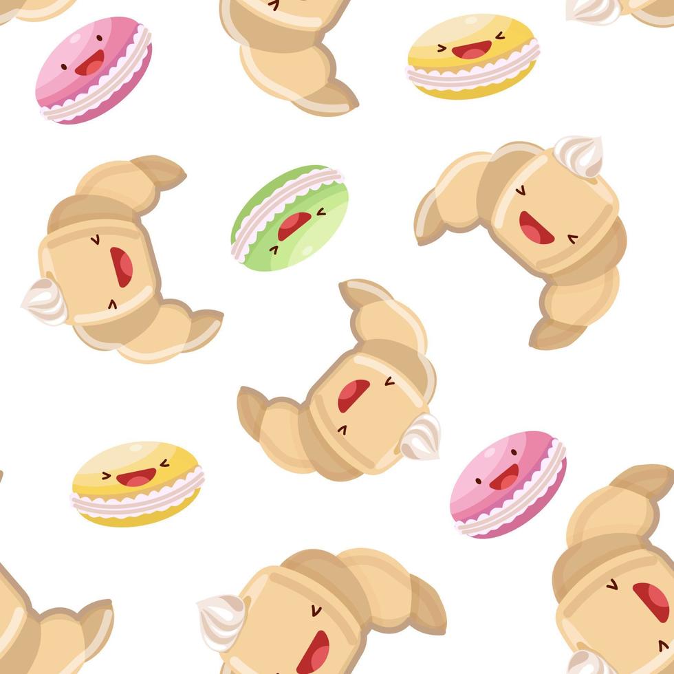 mignonne des croissants et macarons sans couture modèle. vecteur illustration. nourriture icône concept. plat dessin animé style.