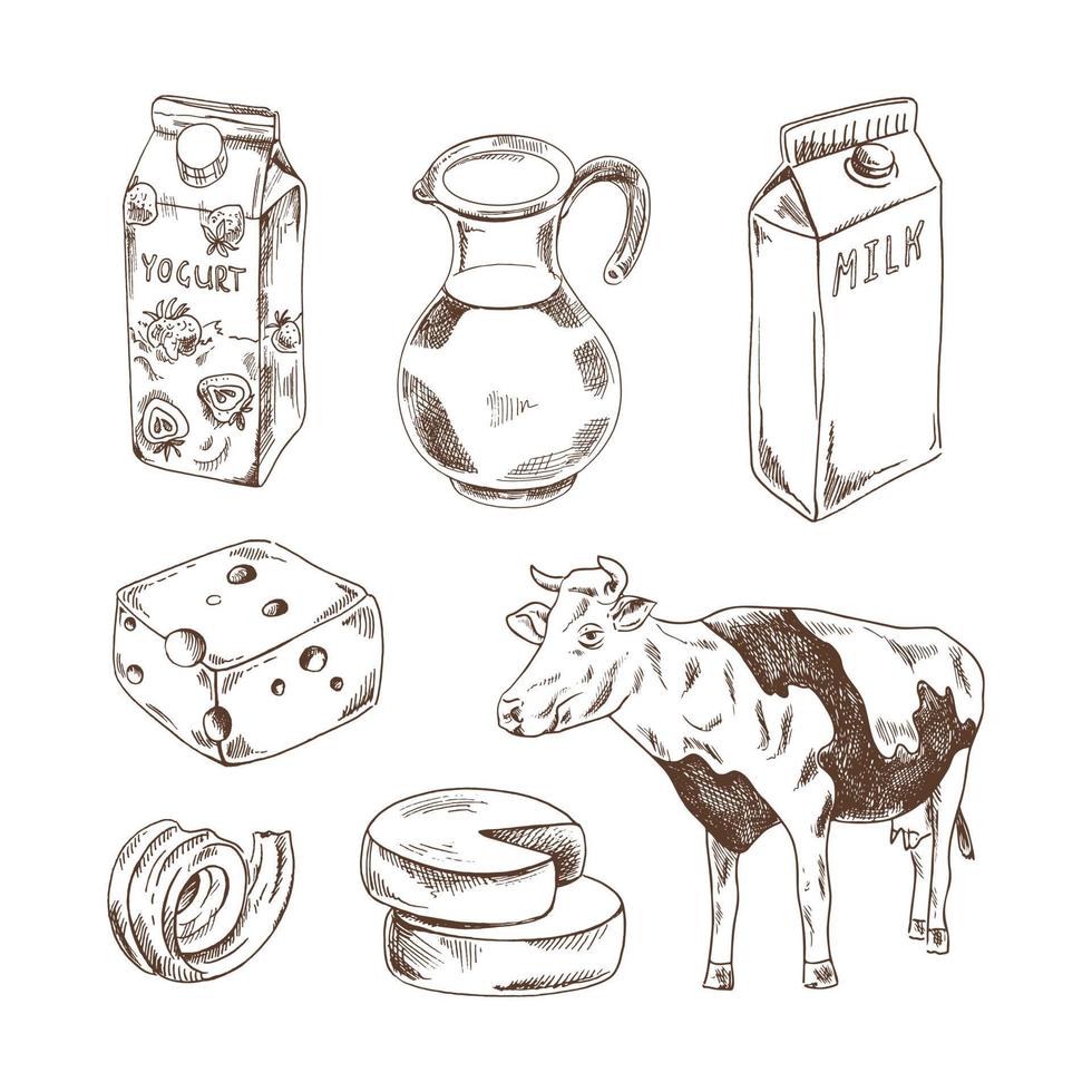 dessiné à la main laitier des produits esquisser ensemble. fromage, beurre, yaourt, lait, cruche, vache. vecteur illustration. noir et blanc ancien dessin.