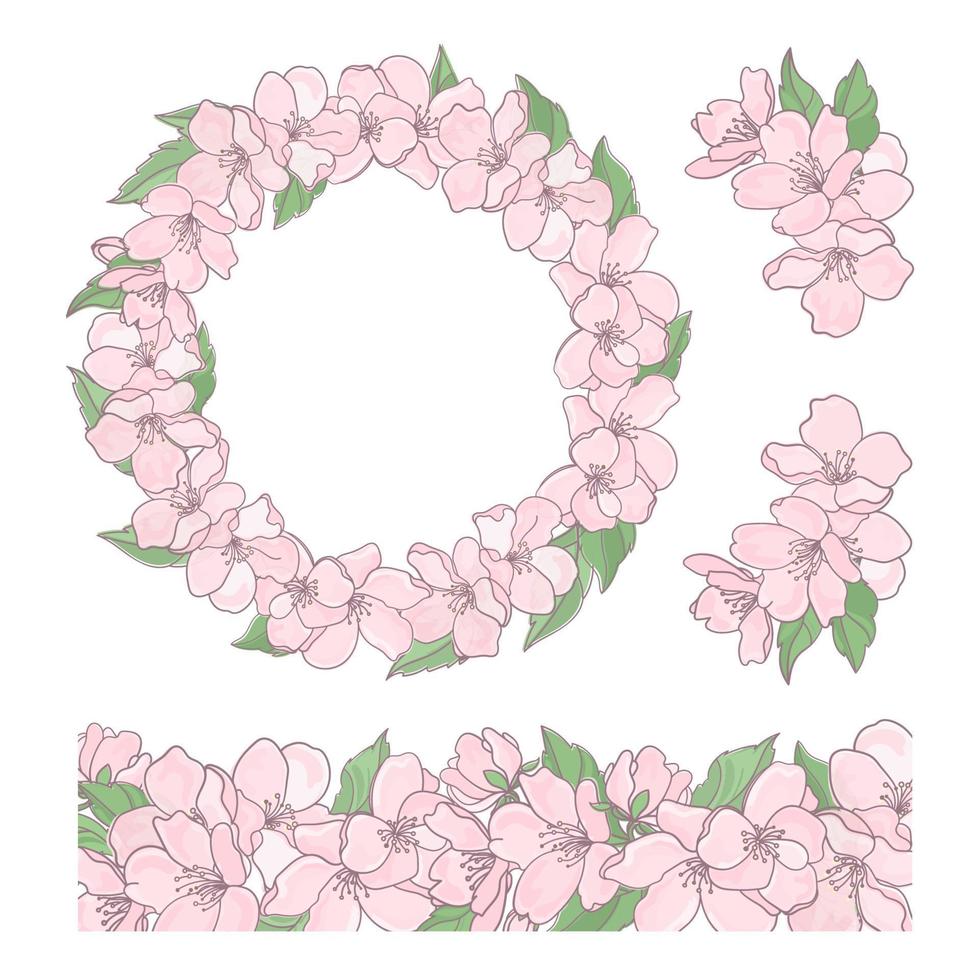 Sakura décoration rose fleurs agrafe art vecteur illustration ensemble