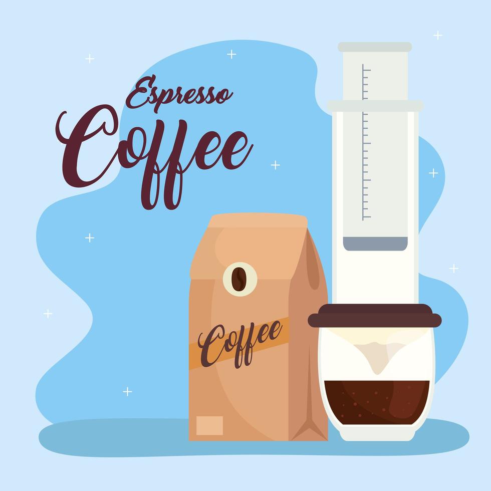 café expresso, méthode aeropress et sac de café vecteur