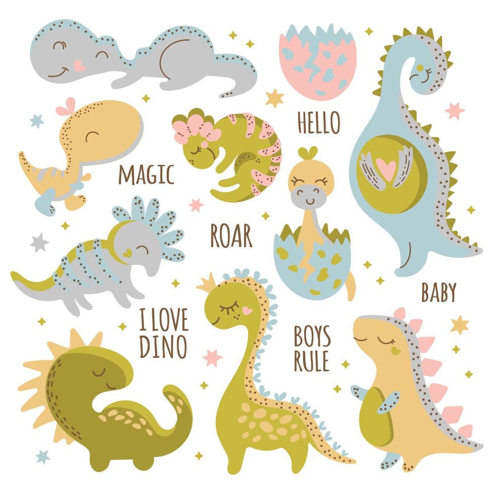 bébé dino personnages dessin animé main tiré vecteur illustration