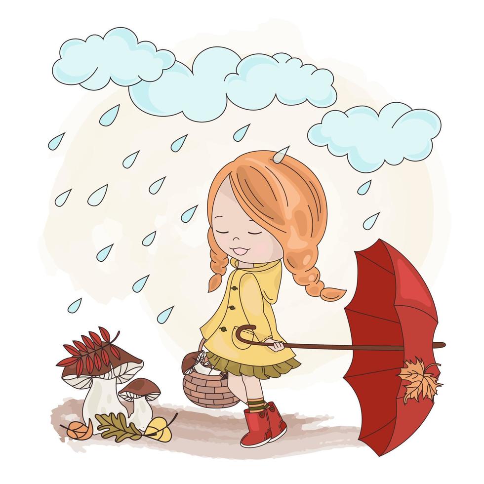 parapluie fille des promenades en dessous de pluie l'automne vecteur illustration ensemble