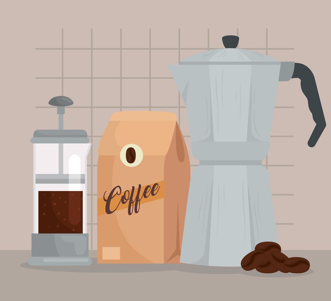 méthodes de préparation du café, aeropress et pot de moka avec sac de café vecteur