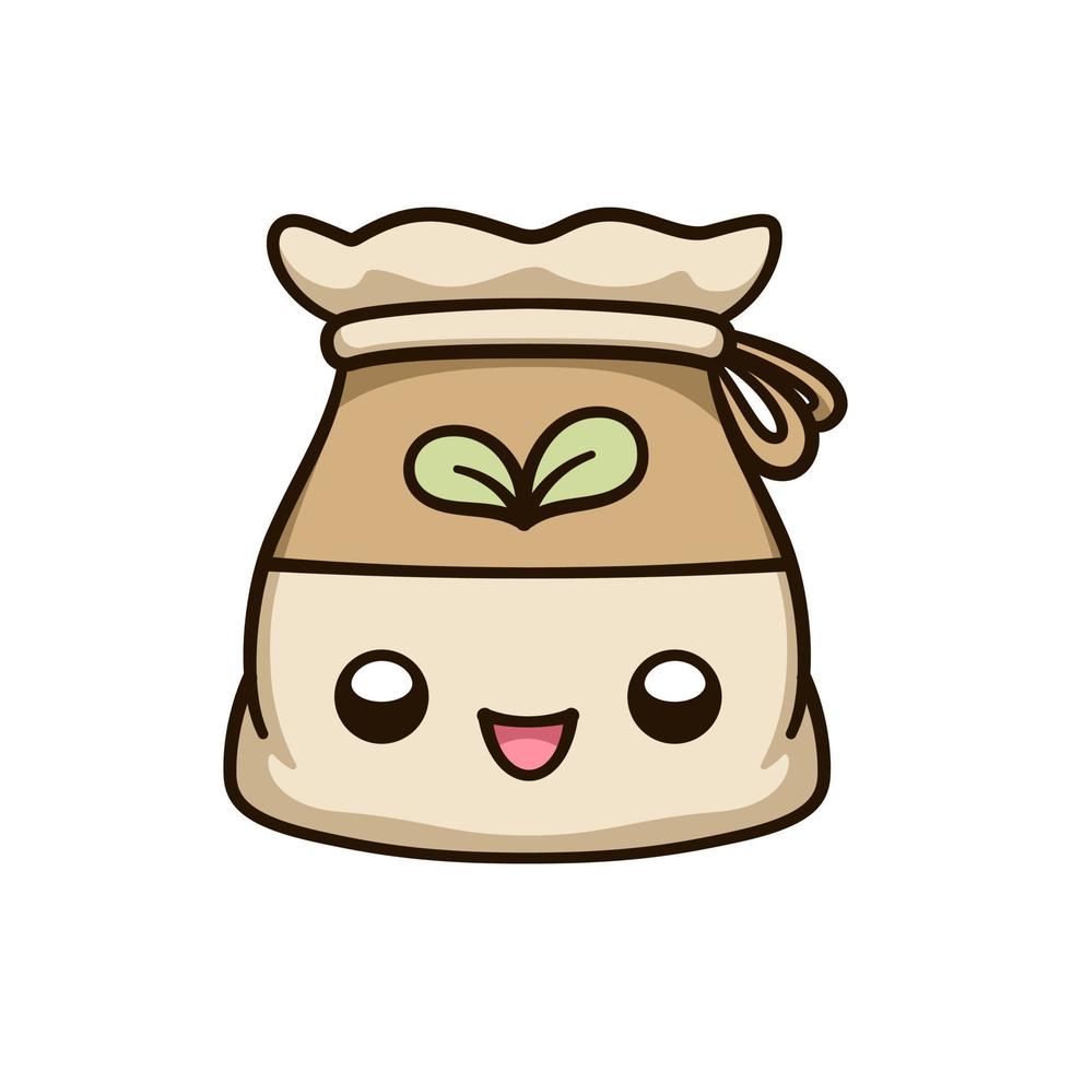 mignonne content toile de jute sac sac de des graines kawaii dessin animé illustration. jardinage agriculture agriculture clipart. vecteur