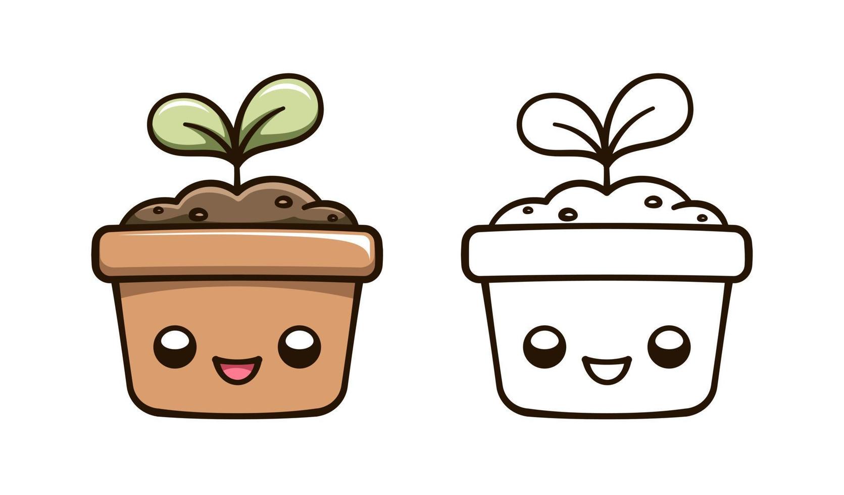 kawaii semis germer dans une fleur pot mignonne dessin animé illustration. plante croissance processus cycle. jardinage agriculture agriculture coloration livre page activité feuille de travail pour des gamins vecteur