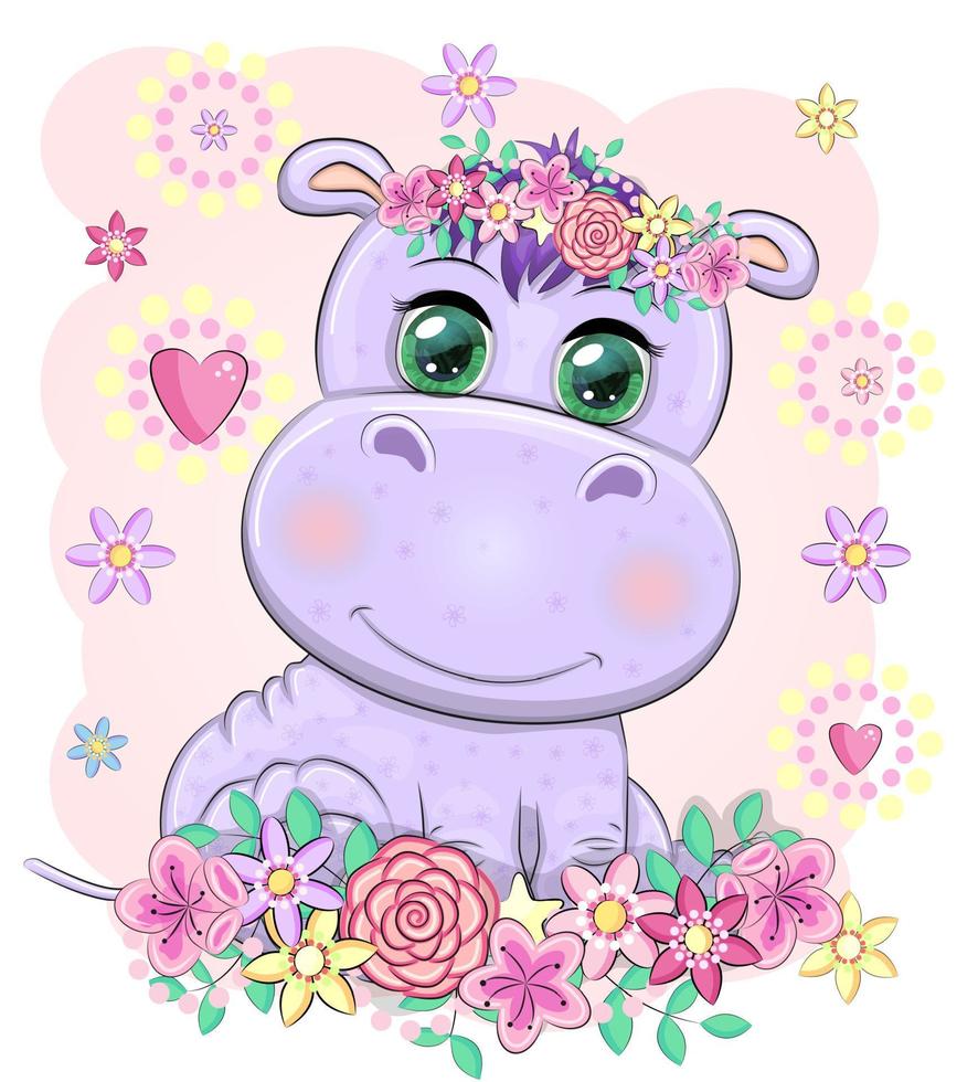 mignonne hippopotame dessin animé avec magnifique yeux parmi fleurs, cœurs. impression tee-shirts, bébé vêtements mode conception, bébé douche invitation carte. vecteur