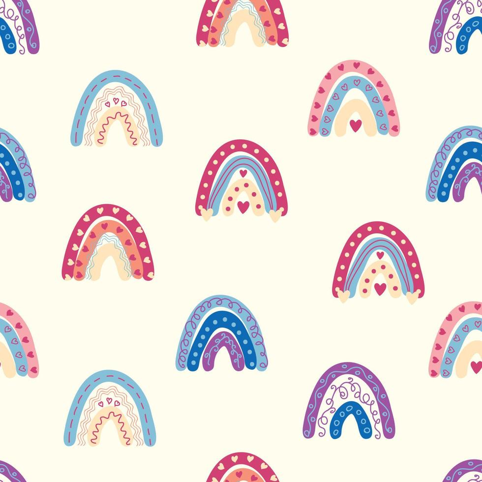 motif arc-en-ciel sans couture dans des couleurs pastel. illustration dessinée à la main de bébé scandinave pour les textiles et les vêtements pour nouveau-nés. vecteur