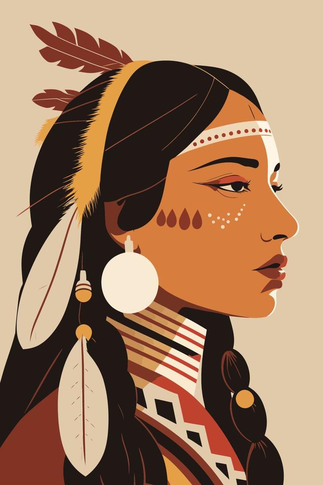 originaire de américain Indien femme avec plumes dans profil, vecteur illustration