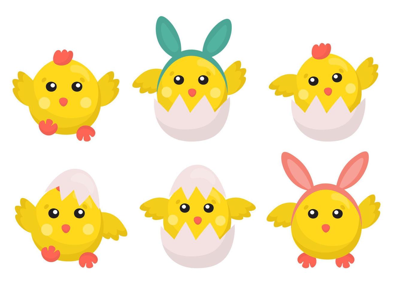 mignonne dessin animé poulet ensemble. marrant Jaune poulets avec lapin entend dans différent pose, vecteur illustration. dessin animé Pâques poussins. mignonne bébé ferme des oiseaux avec Jaune plumes.