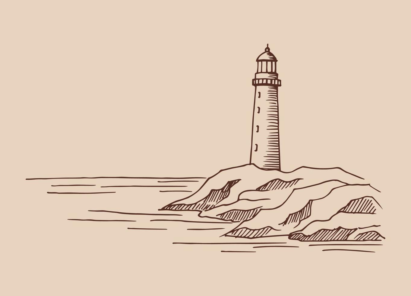 phare. illustration dessinée à la main convertie en vecteur. vecteur d'illustration de croquis de paysage graphique de la côte de la mer.