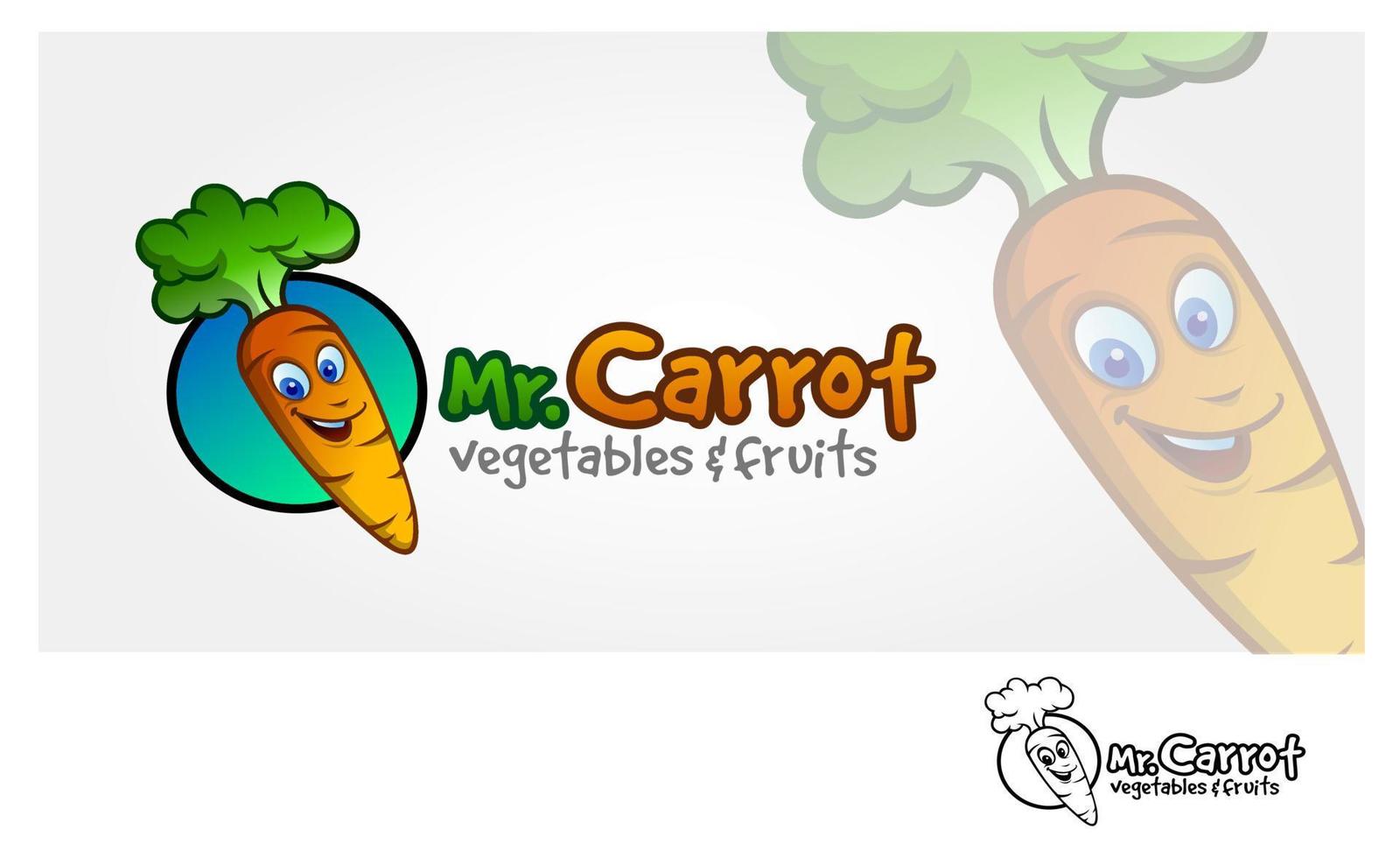 m. carotte légume et des fruits vecteur logo modèle. Frais Orange carotte légume avec une souriant visage et touffe de vert sur haut, logo dessin animé illustration.