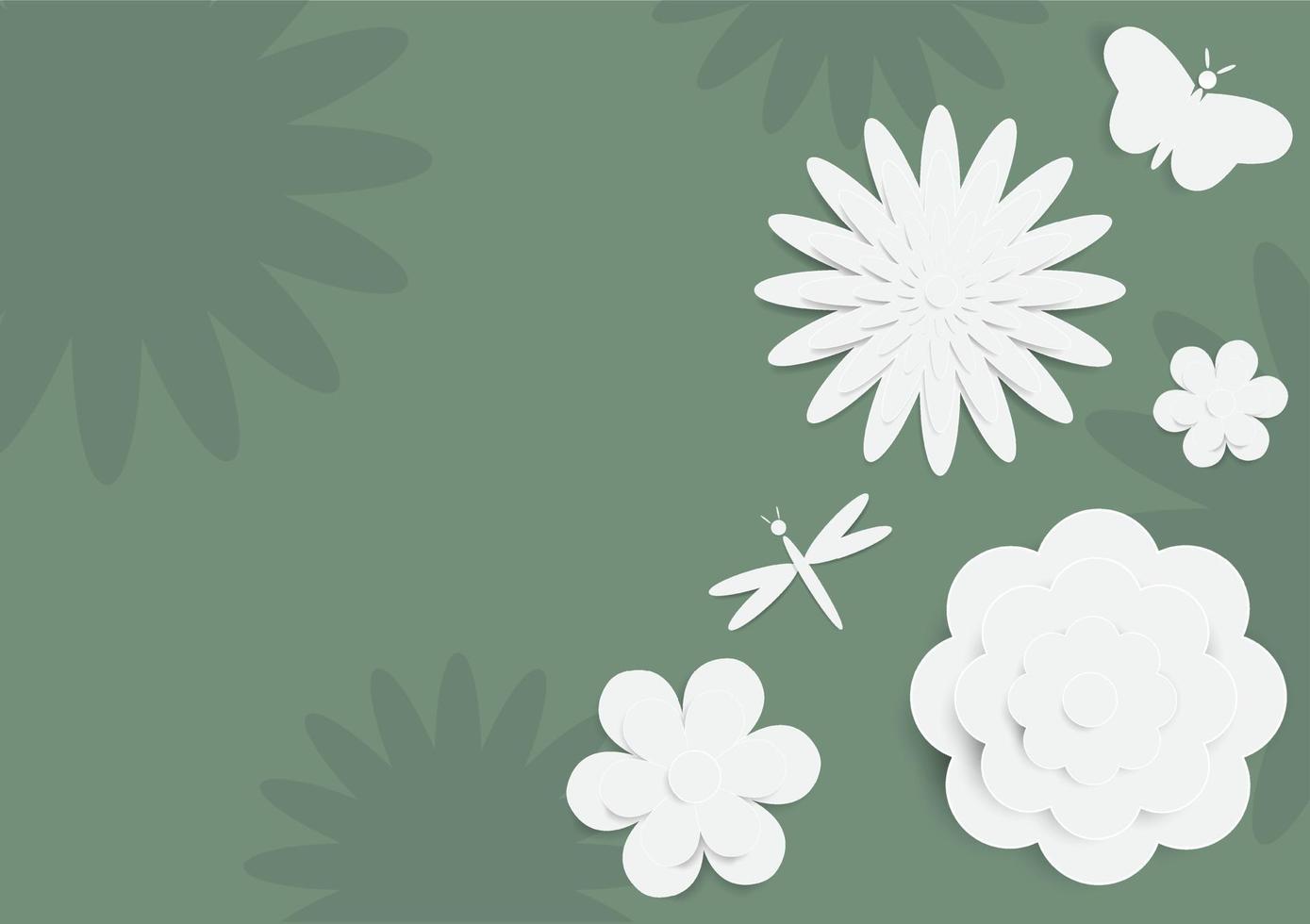 variété de blanc fleurs et papillon avec libellule dans papiers Couper style sur vert fleurs modèle et espace pour des textes Contexte . vecteur