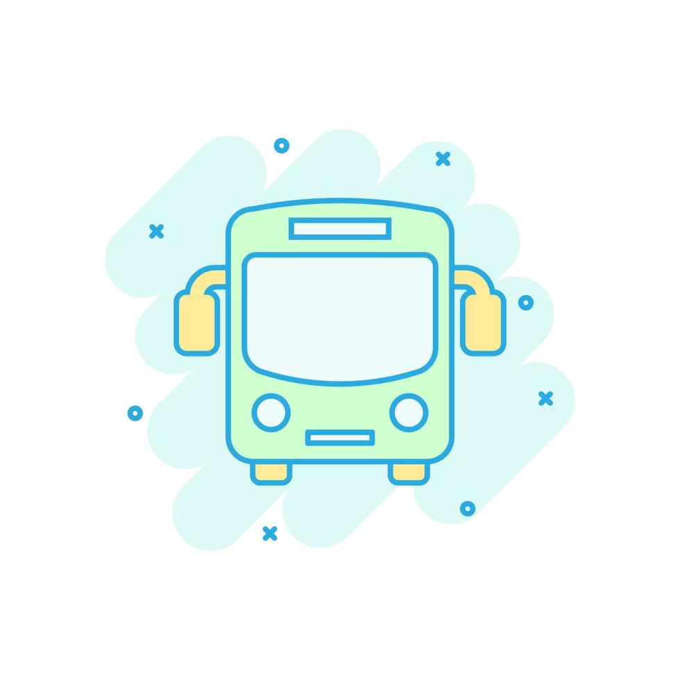 icône de bus scolaire dans le style comique. illustration de dessin animé de vecteur d'autobus sur fond blanc isolé. effet d'éclaboussure du concept d'entreprise de transport en autocar.