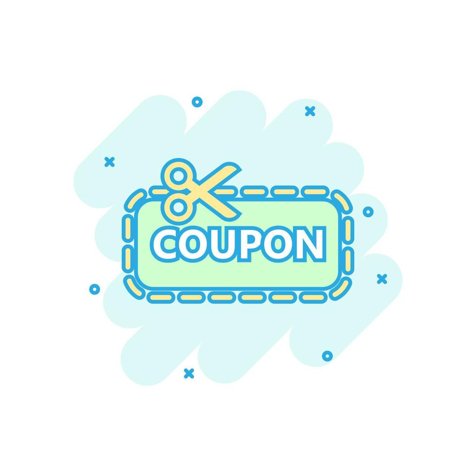 icône de coupon de réduction dans le style comique. ciseaux avec illustration de dessin animé de vecteur d'étiquette de prix sur fond blanc isolé. effet d'éclaboussure de concept d'entreprise d'autocollant de vente.