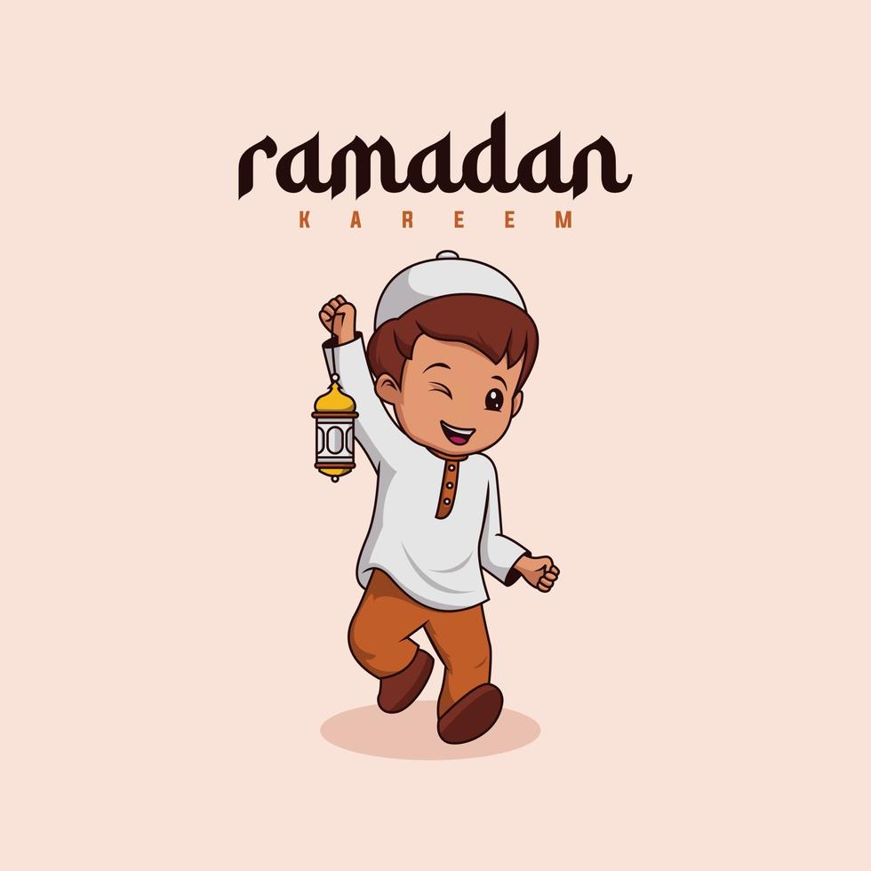 Ramadan personnage illustration. avec mignonne garçon souriant. vecteur