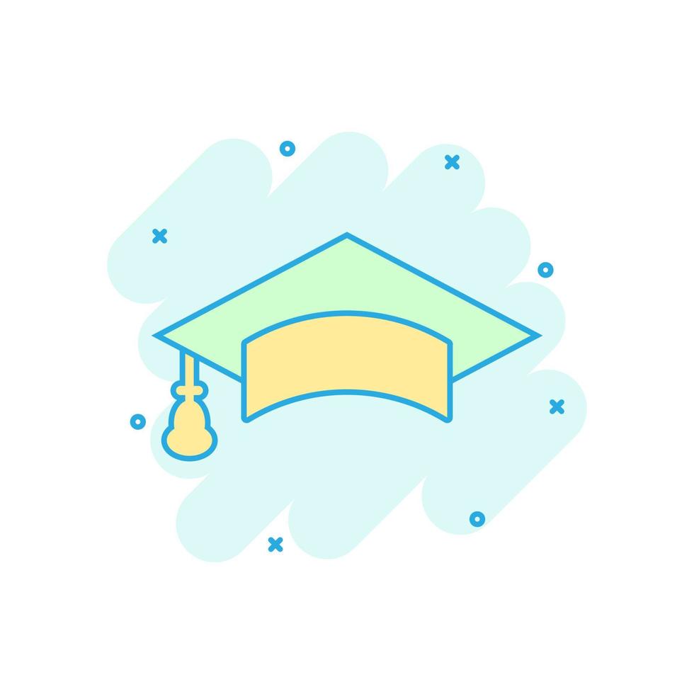 icône de chapeau de graduation dans le style comique. illustration de dessin animé de vecteur de chapeau d'éducation sur fond blanc isolé. effet d'éclaboussure du concept d'entreprise de baccalauréat universitaire.