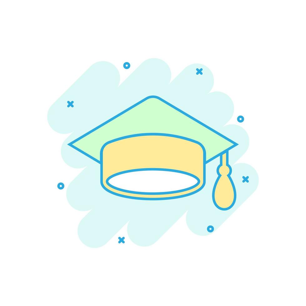 icône de chapeau de graduation dans le style comique. illustration de dessin animé de vecteur de chapeau d'éducation sur fond blanc isolé. effet d'éclaboussure du concept d'entreprise de baccalauréat universitaire.