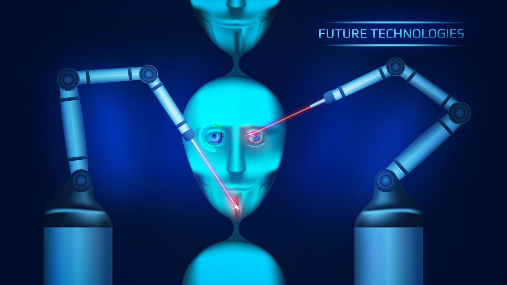 une futuriste concept de création artificiel intelligence sur une convoyeur ceinture. deux mécanique manipulateurs créer cybernétique robot têtes avec lasers. cyborg affronter. vecteur illustration.