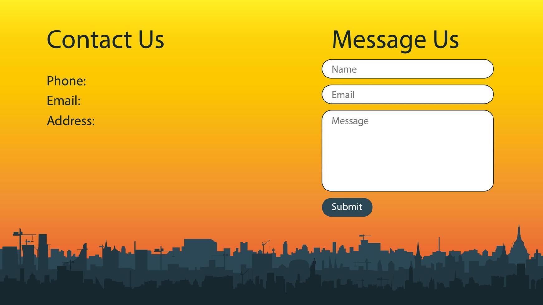 contact écran concept pour site Internet avec magnifique ville silhouette à le coucher du soleil. forme de Envoi en cours messages. vecteur modèles pour site Internet conception. interface utilisateur, ux, gui. eps dix.