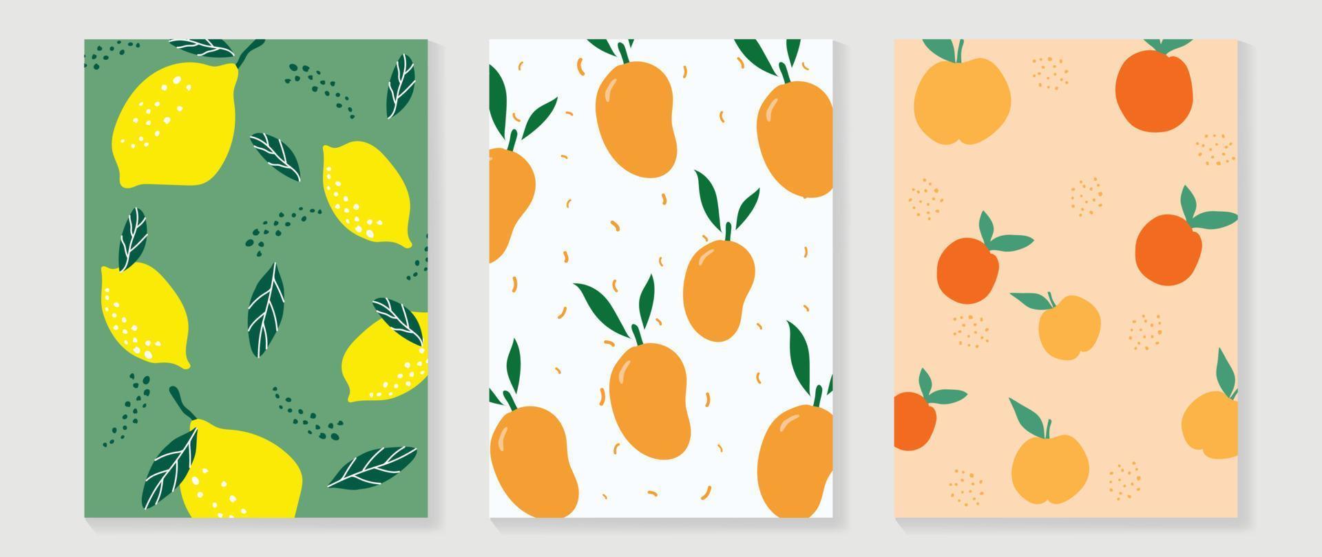 ensemble de vecteurs d'arrière-plan d'art mural de fruits frais. dessin minimal de fruits tropicaux d'orange, de mangue et de citron avec une texture de points. conception de saison de printemps et d'été pour la décoration intérieure, l'intérieur, le papier peint, le tissu. vecteur