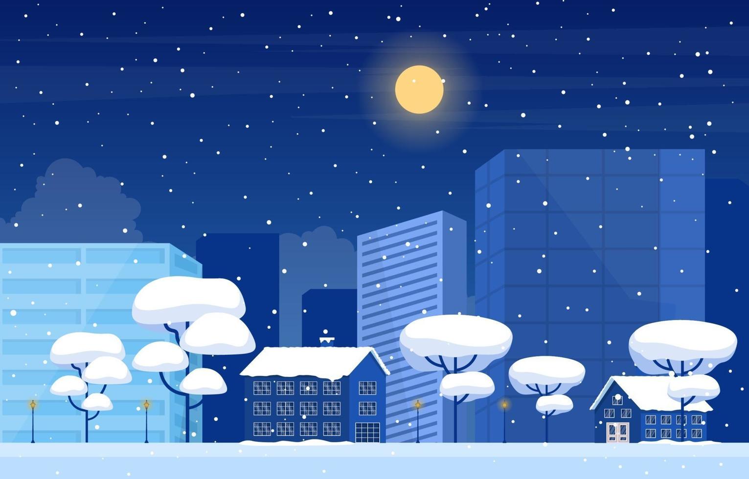 scène de ville d'hiver enneigée confortable avec arbres, maisons et lune vecteur
